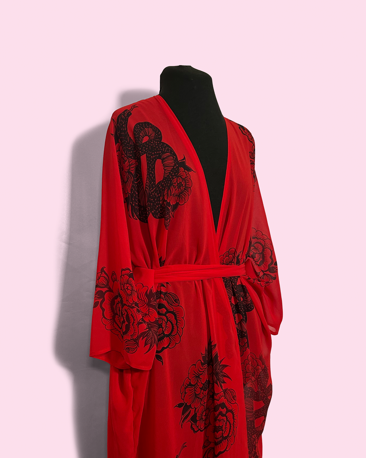 PEONIES/SNAKES ON RED - CHIFFON