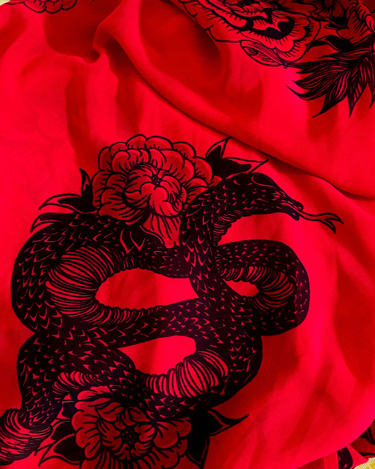 PEONIES/SNAKES ON RED - CHIFFON